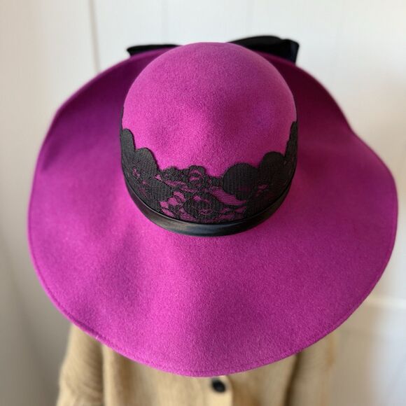 NEW VTG Fedora Wide Brim Hat Wool Lace Satin Bow Fuschia Pink Whimsigoth Wedding - Picture 4 of 16